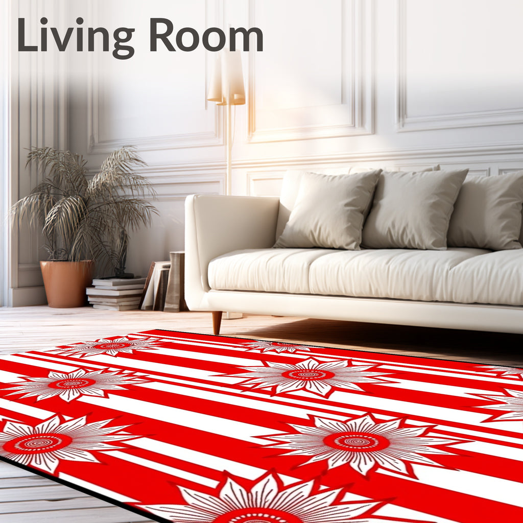 Bold Red White Striped Sunflower Rug