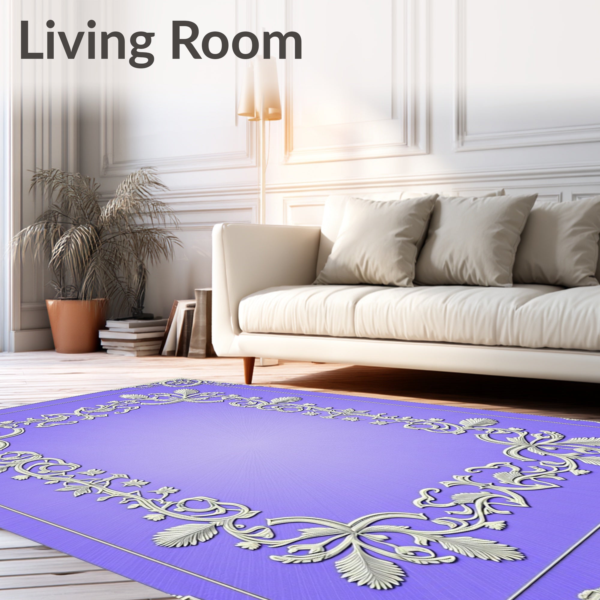 Lavender Floral Scroll Ornate Frame Rug