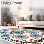 Vibrant Blue Floral Folklore Border Rug