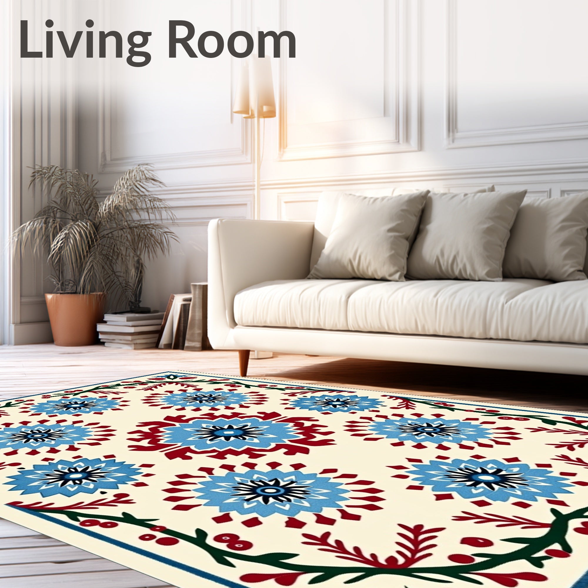 Vibrant Blue Floral Folklore Border Rug