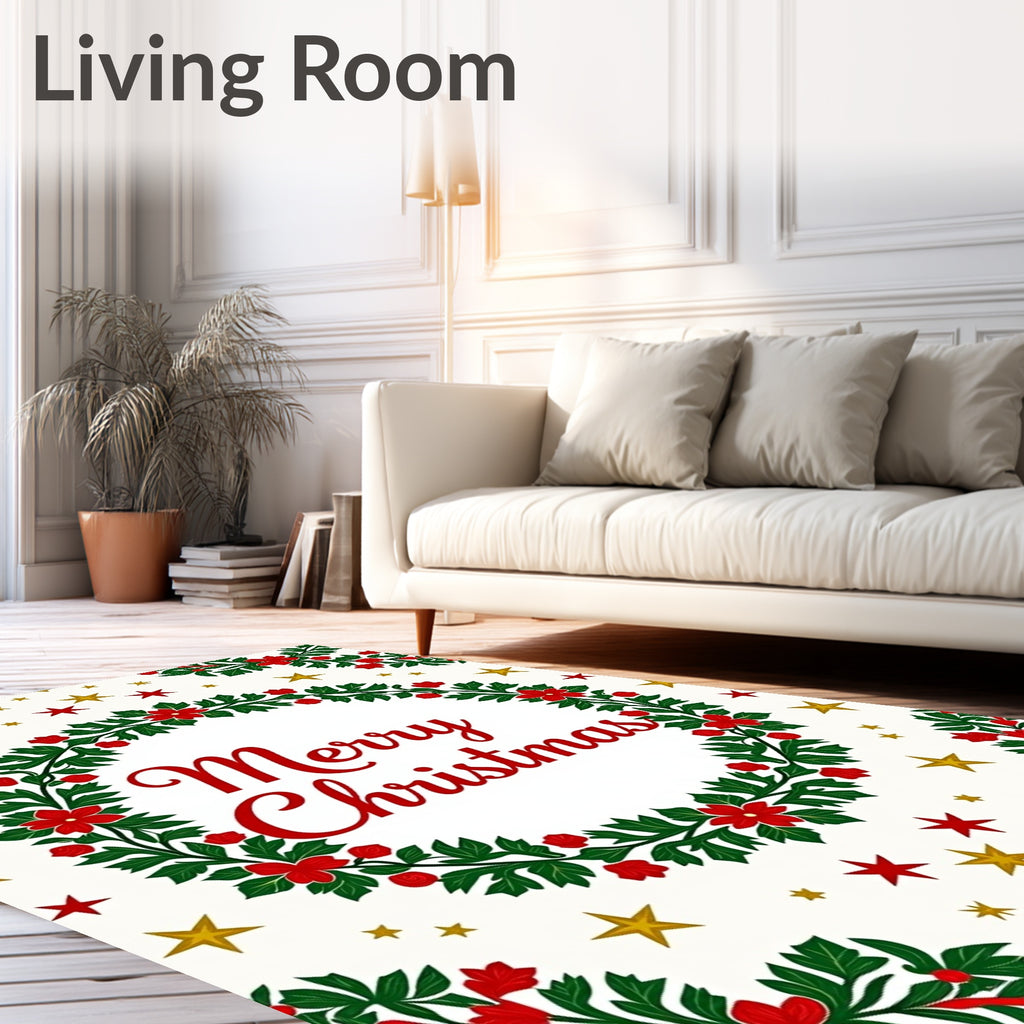 Festive Red Floral Greenery Gold Stars Rug