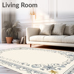 Cream Beige Blue Floral Border Accent Rug