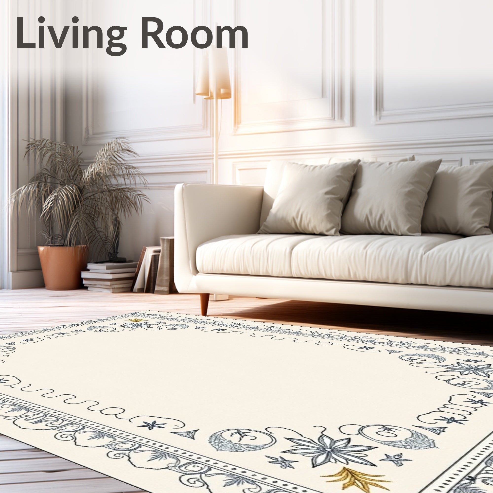 Cream Beige Blue Floral Border Accent Rug