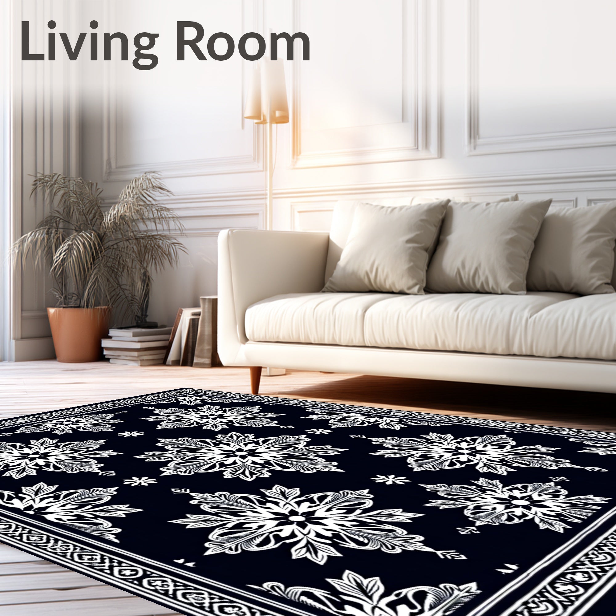 Ornate Midnight White Floral Medallion Rug