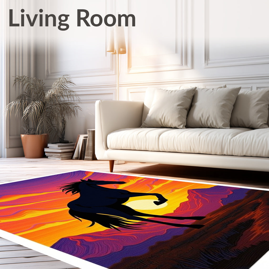 Majestic Black Stallion Sunset Mountains Rug