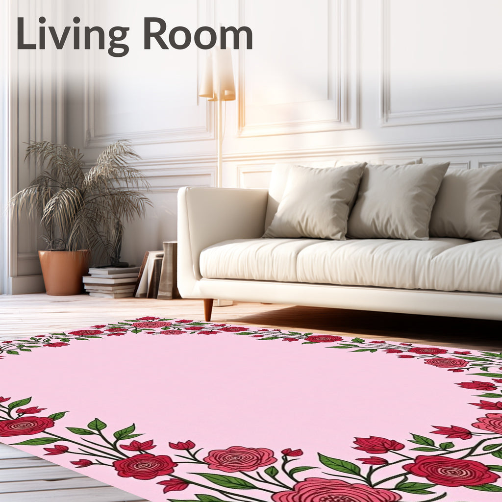 Romantic Red Rose Garland Border Rug