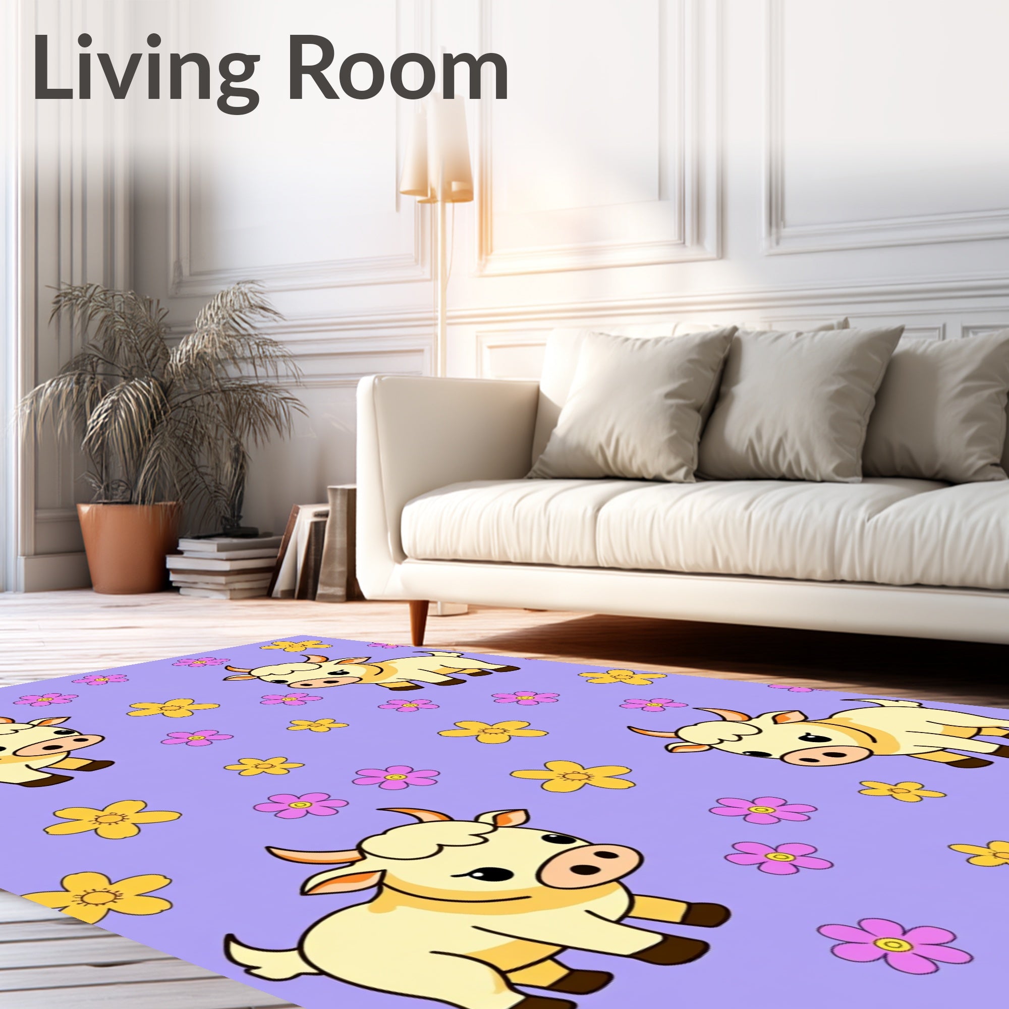 Cute Yellow Cow Floral Background Rug