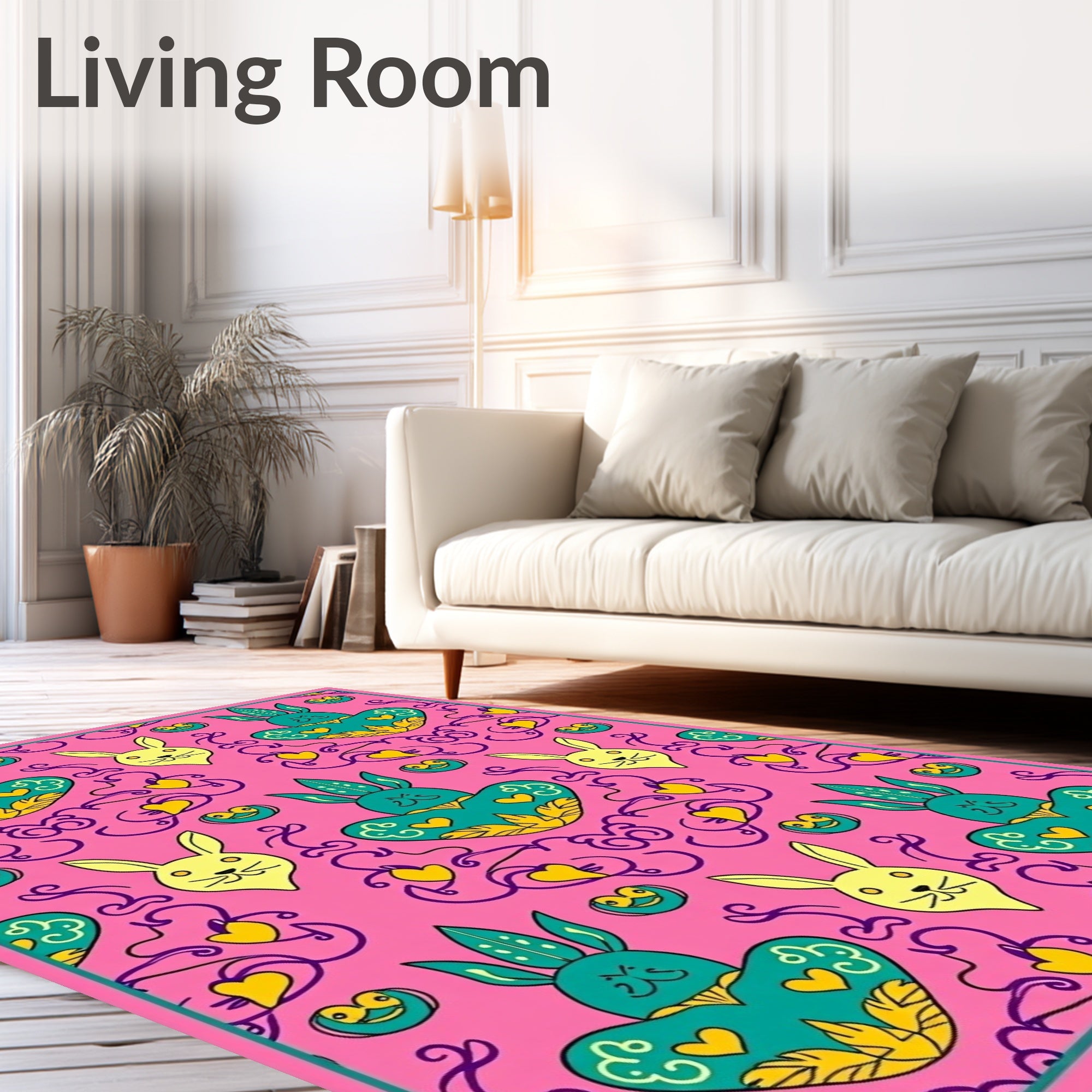 Whimsical Pink Cyan Bunny Heart Swirl Rug