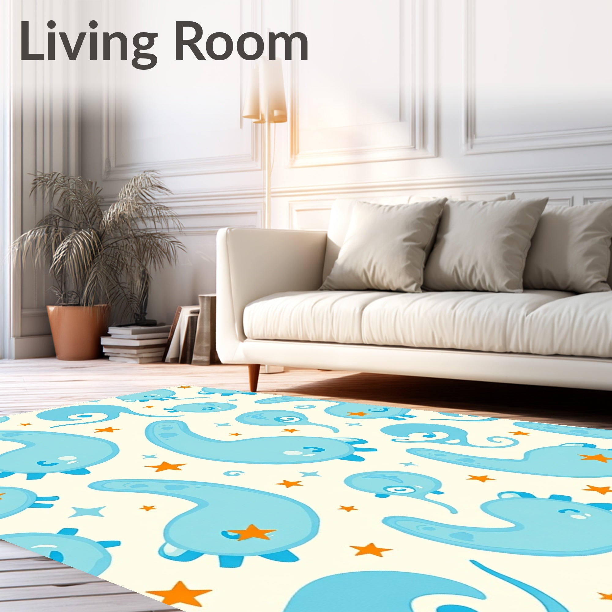 Whimsical Blue Creatures Orange Stars Rug