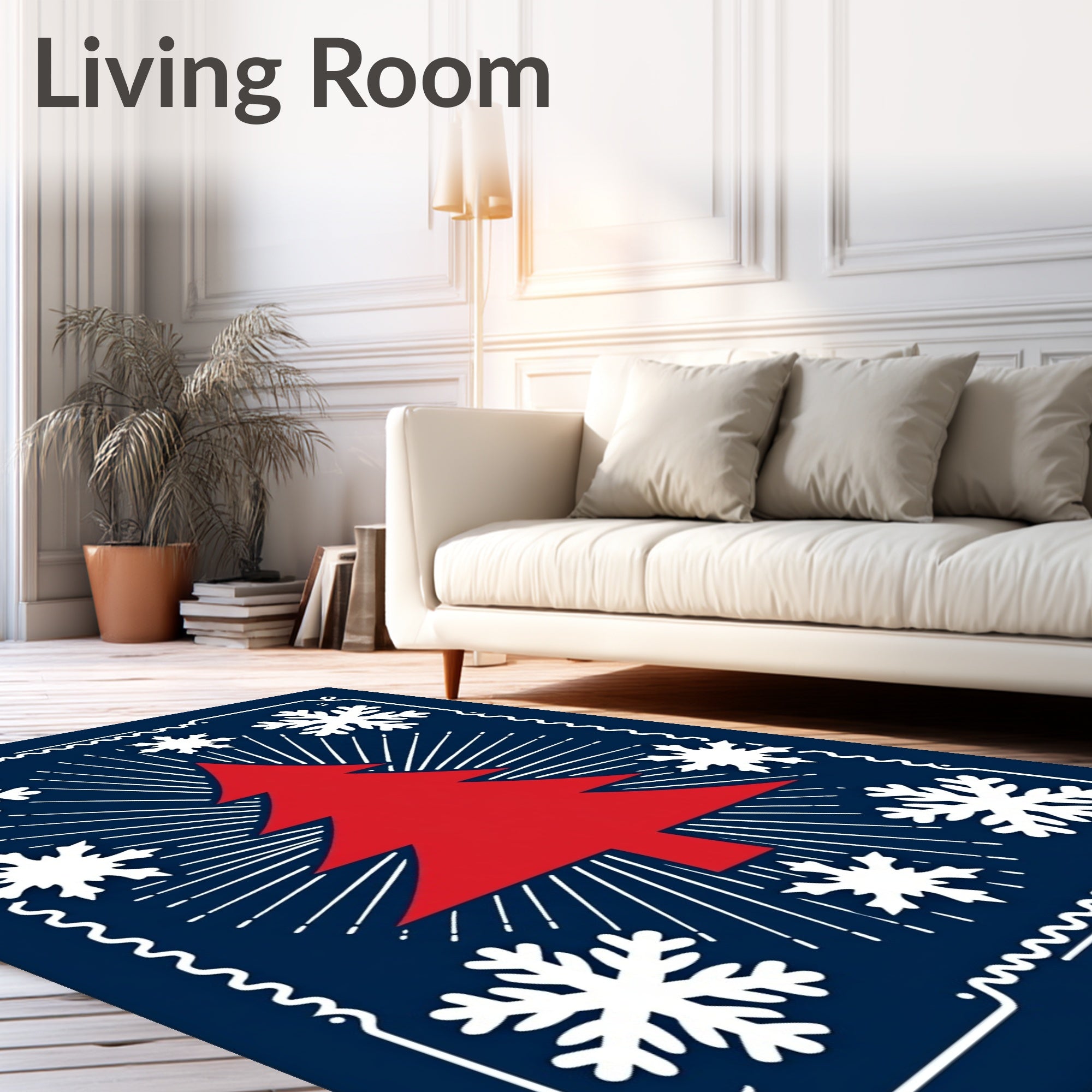 Crimson Tree White Snowflakes Midnight Blue Rug