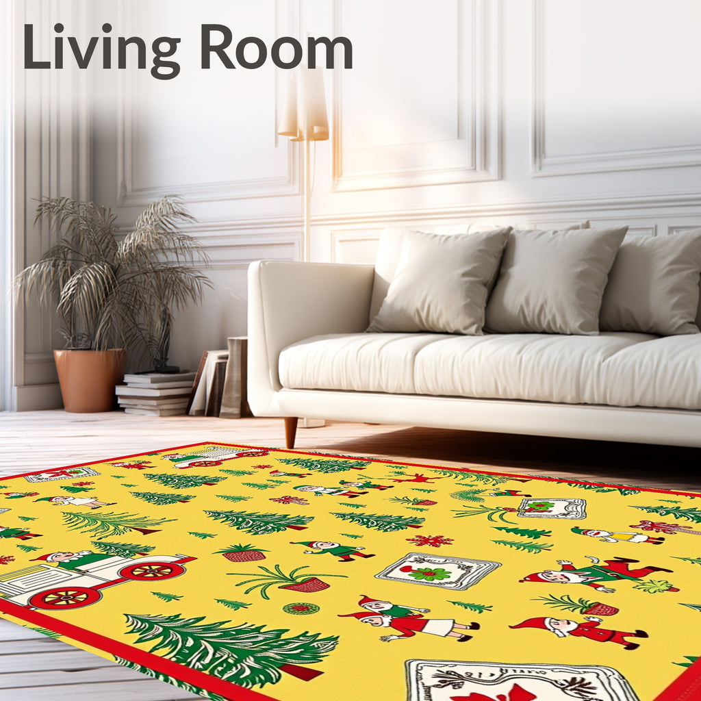 Festive Yellow Christmas Elves Forest Rug