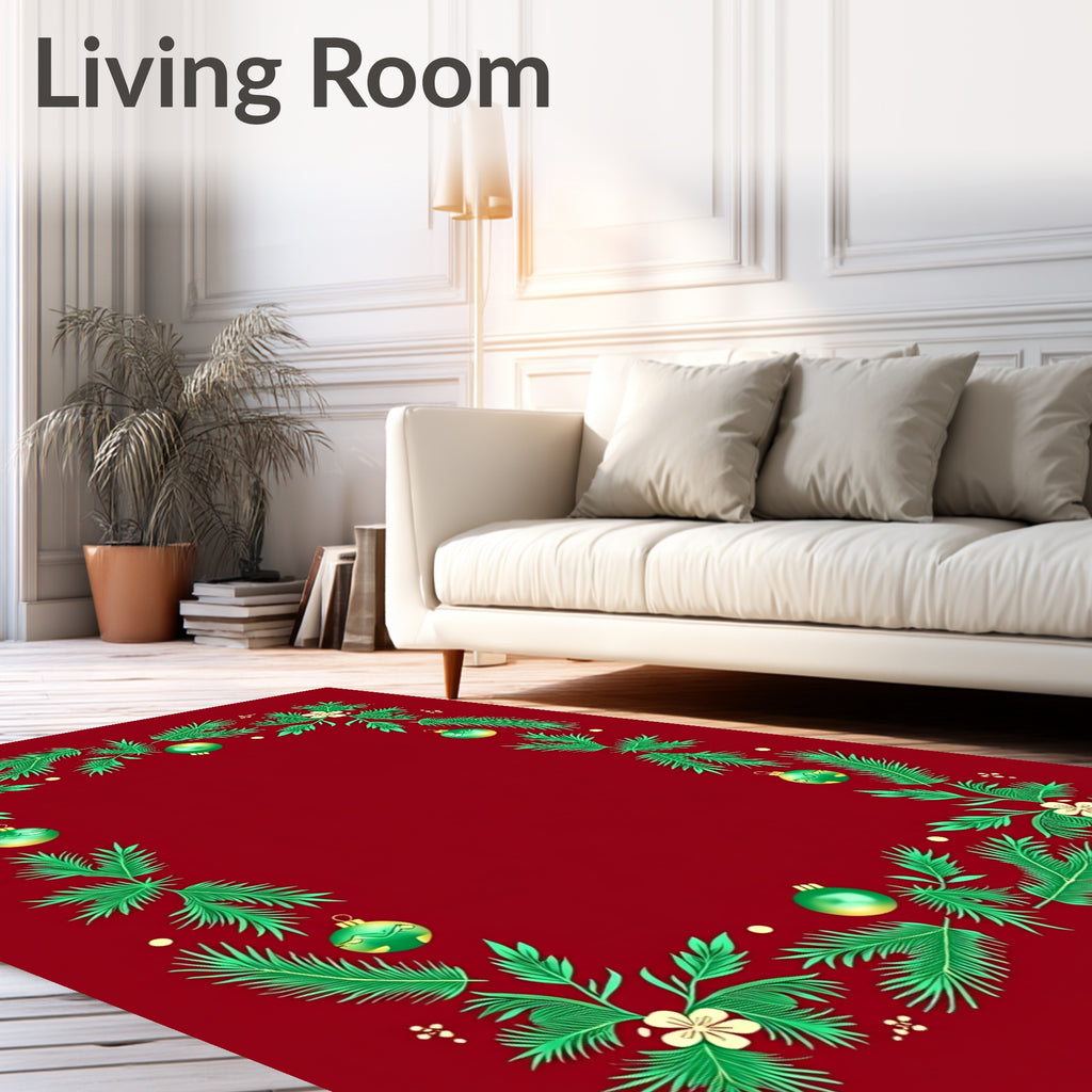Festive Green Pine Holiday Ornaments Red Rug