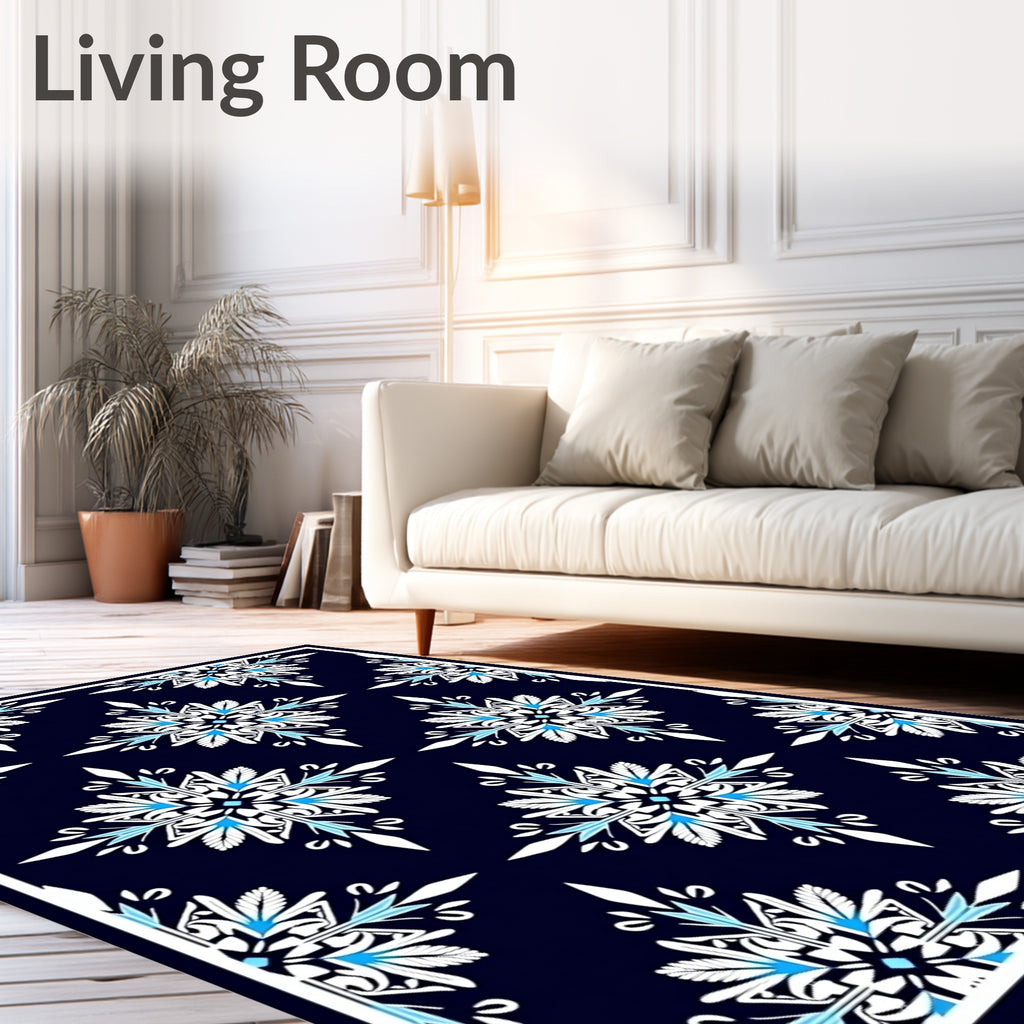 Navy Blue White Blue Floral Medallion Rug