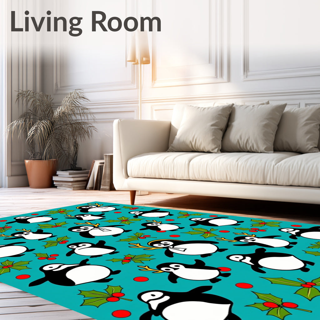 Cute Penguin Holly Berry Whimsical Rug