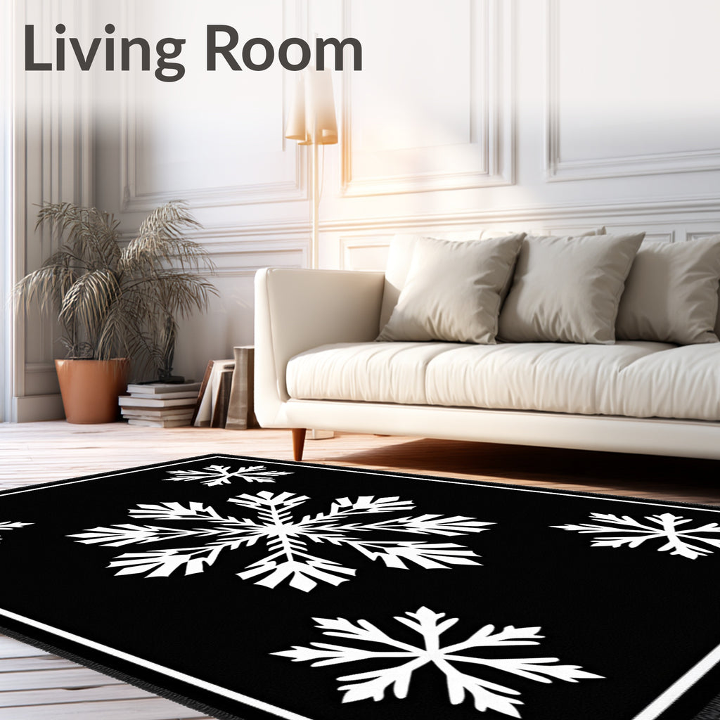 Black White Snowflakes Scattered Accent Rug