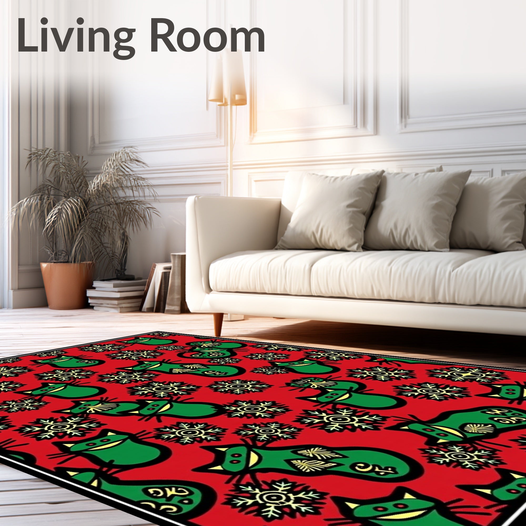 Whimsical Green Cats Yellow Snowflakes Rug