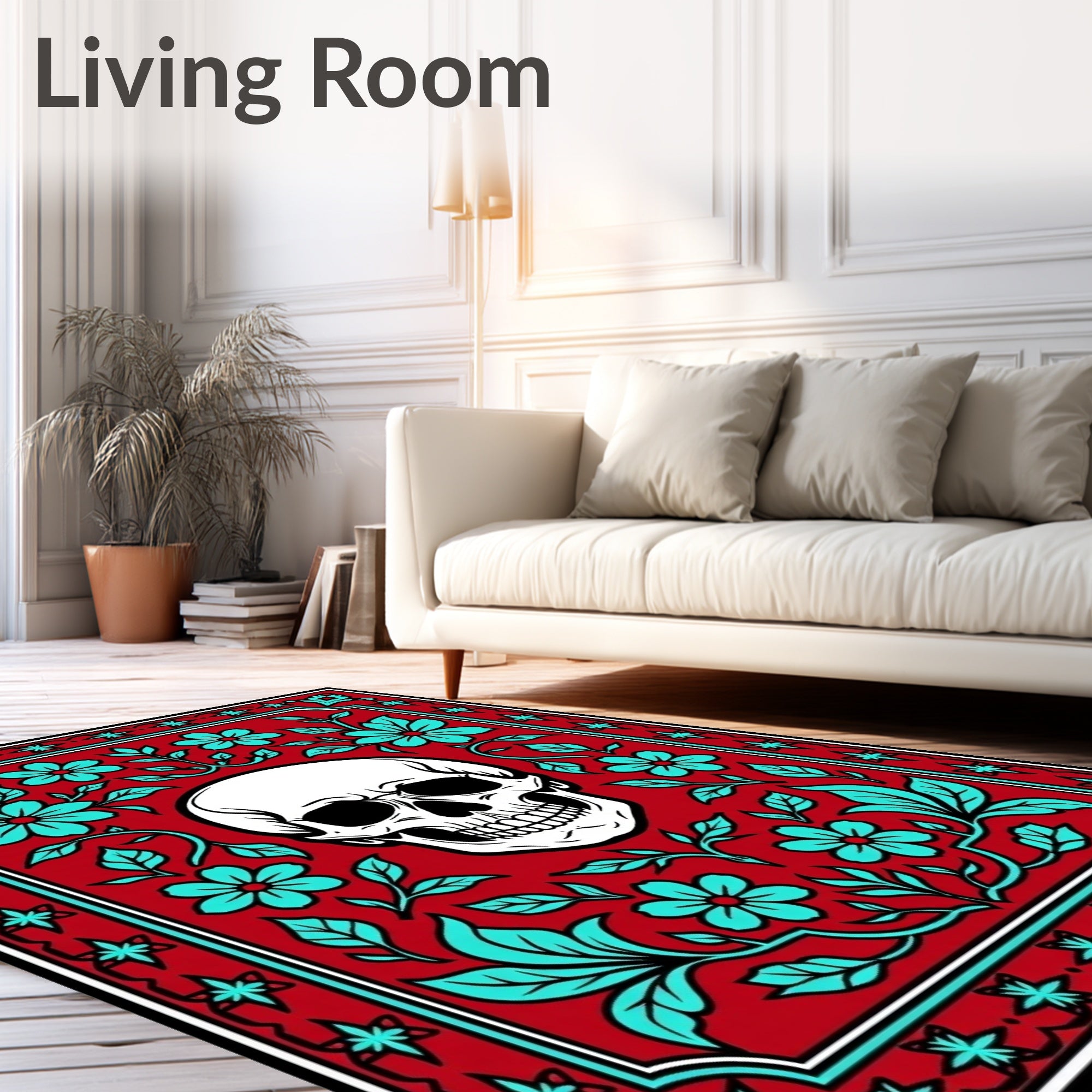 Red Skull Floral Border Rug