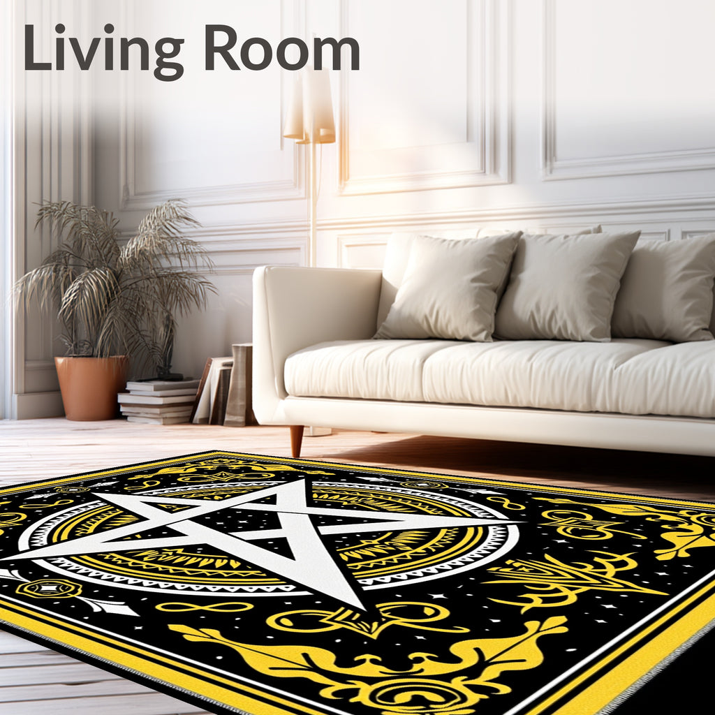 Black Yellow White Pentagram Mandala Rug