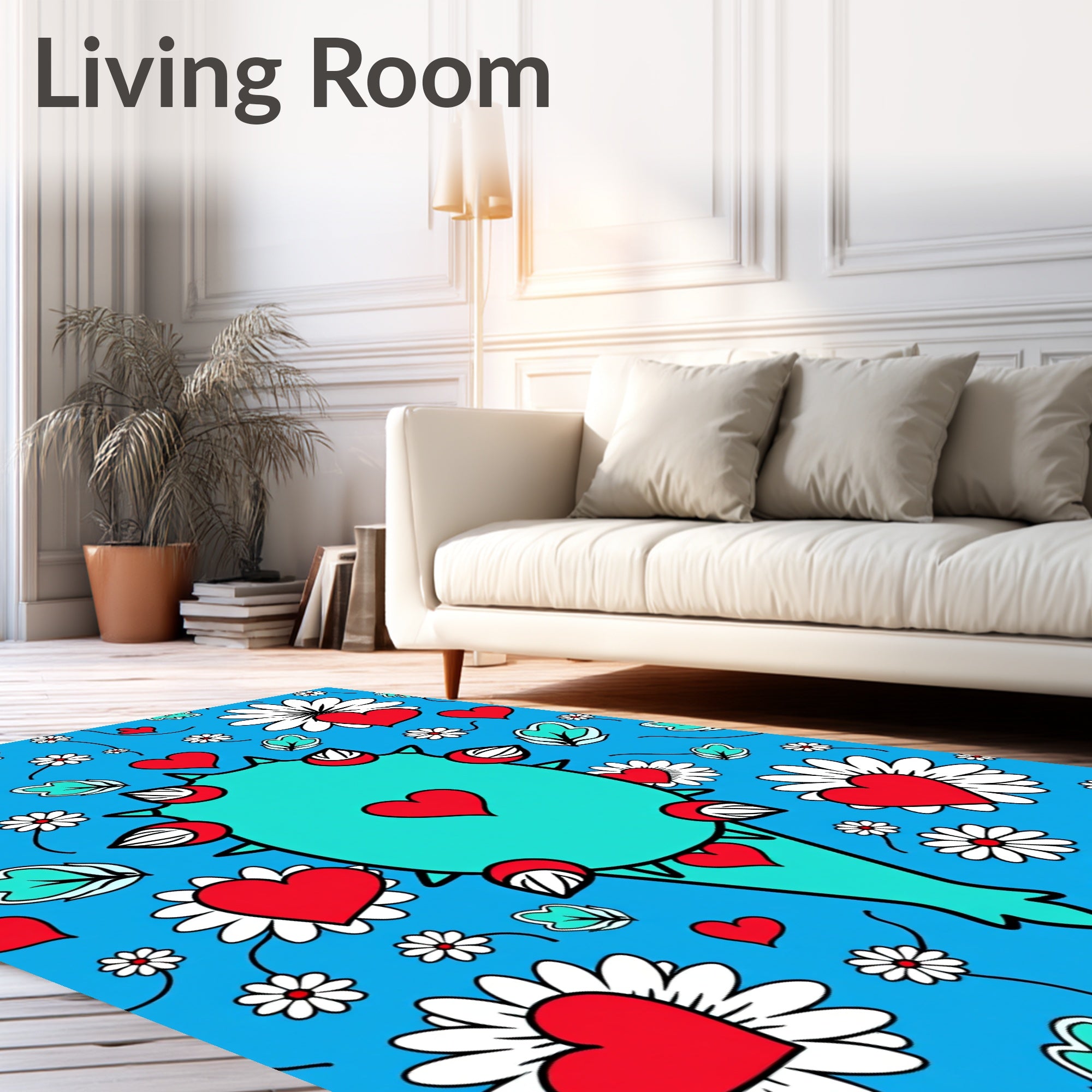 Teal Heart Monster Daisy Garden Rug