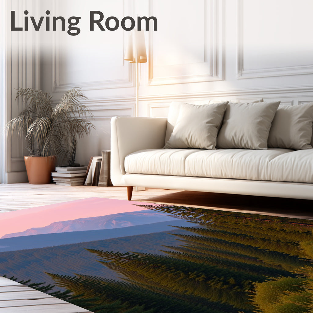 Misty Mountain Pine Forest Sunrise Rug