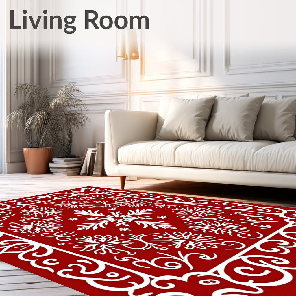 Crimson Snowflakes and Swirls Rug