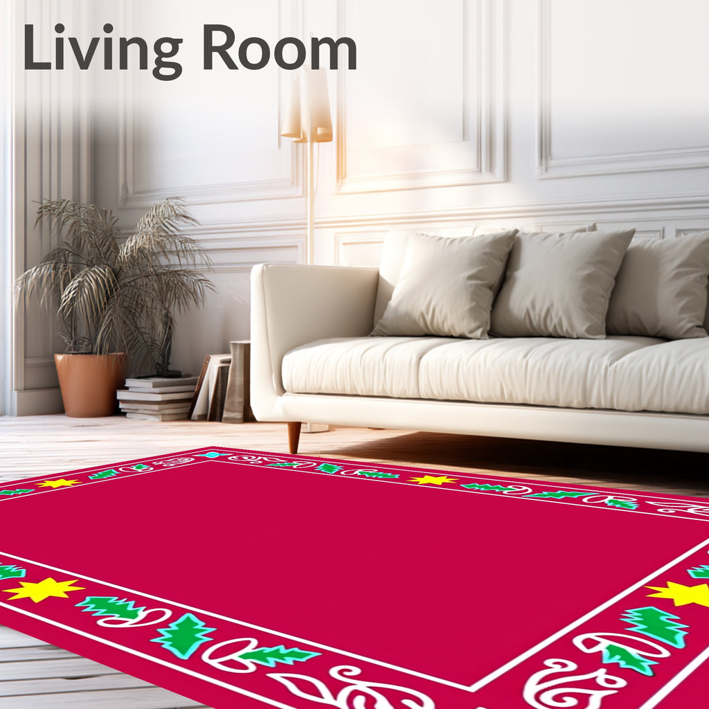 Red White Green Yellow Holly Star Border Rug