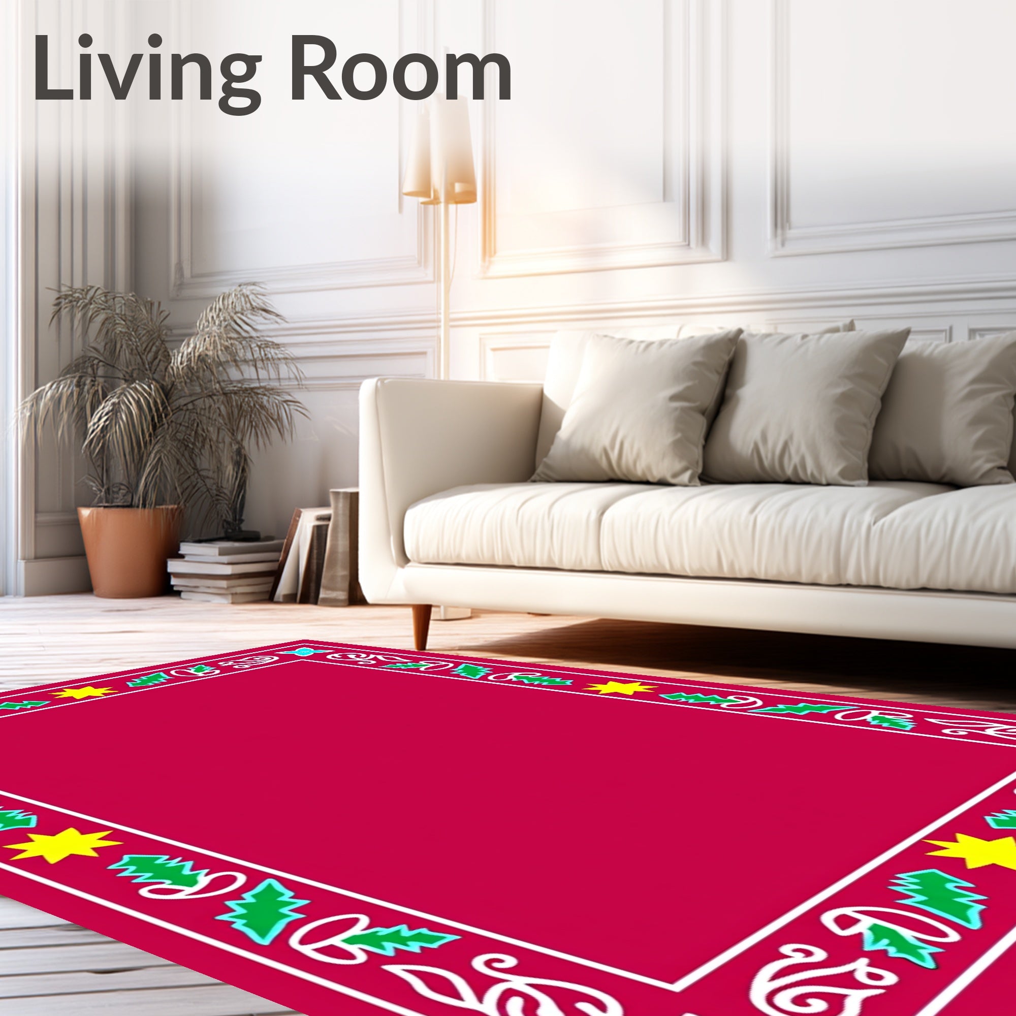 Red White Green Yellow Holly Star Border Rug