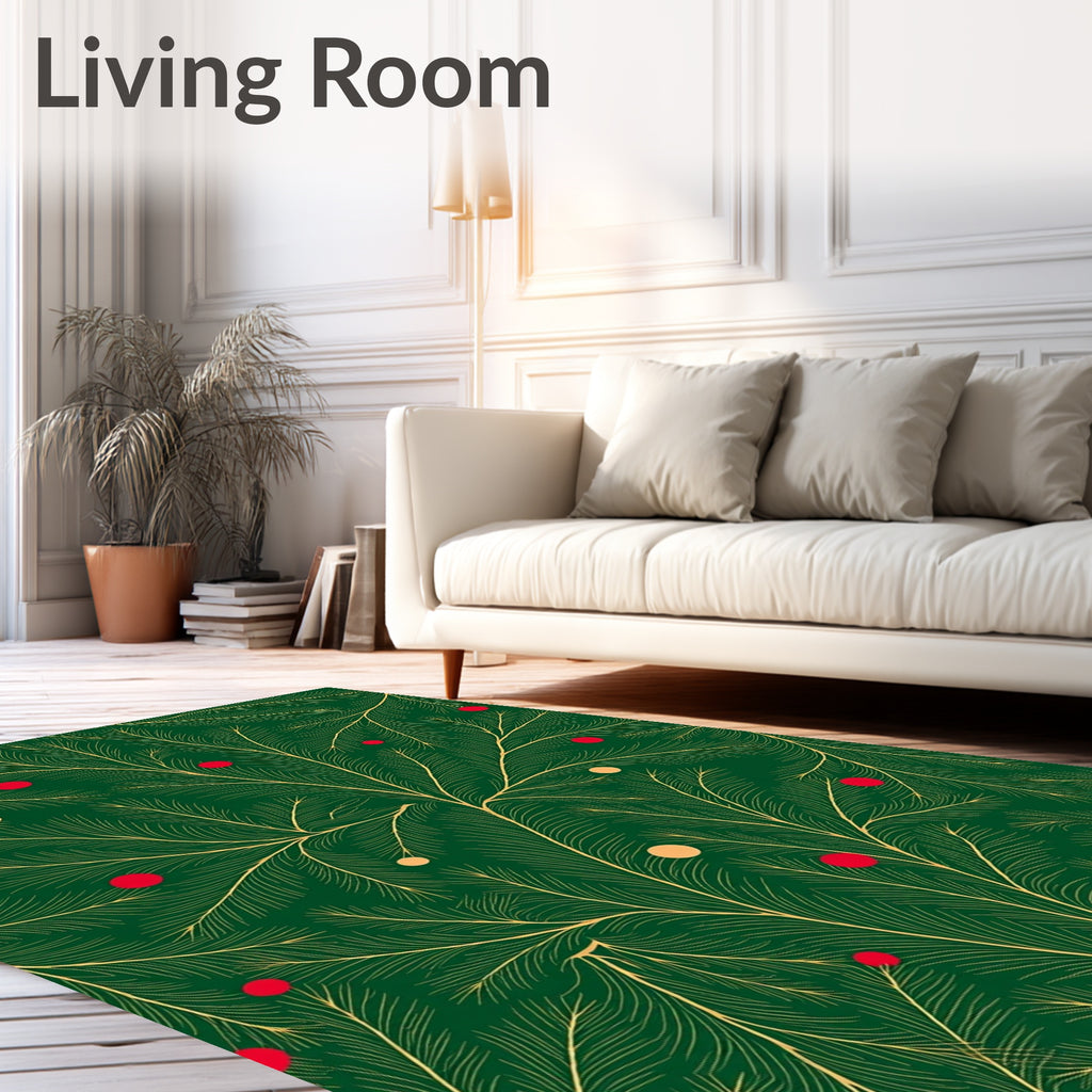 Emerald Green Pine Branches Red Yellow Orbs Rug