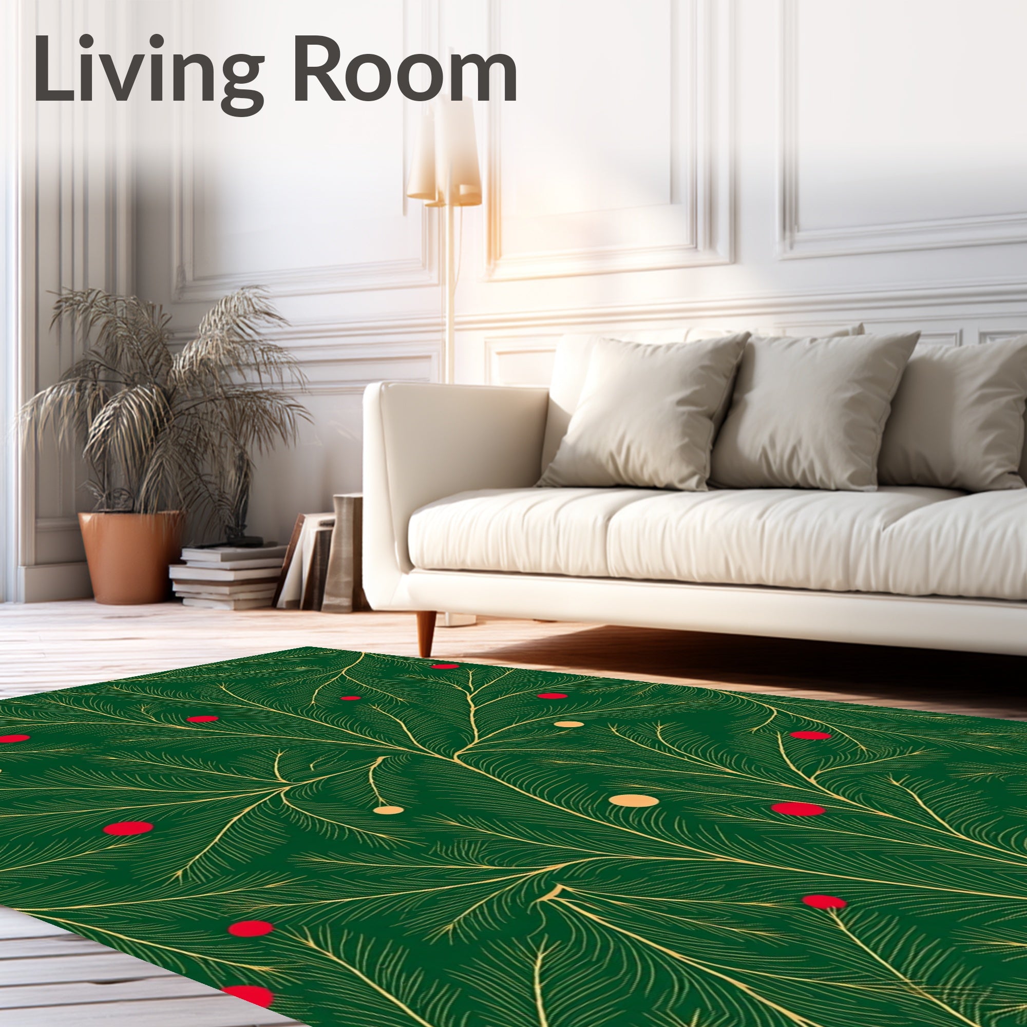 Emerald Green Pine Branches Red Yellow Orbs Rug