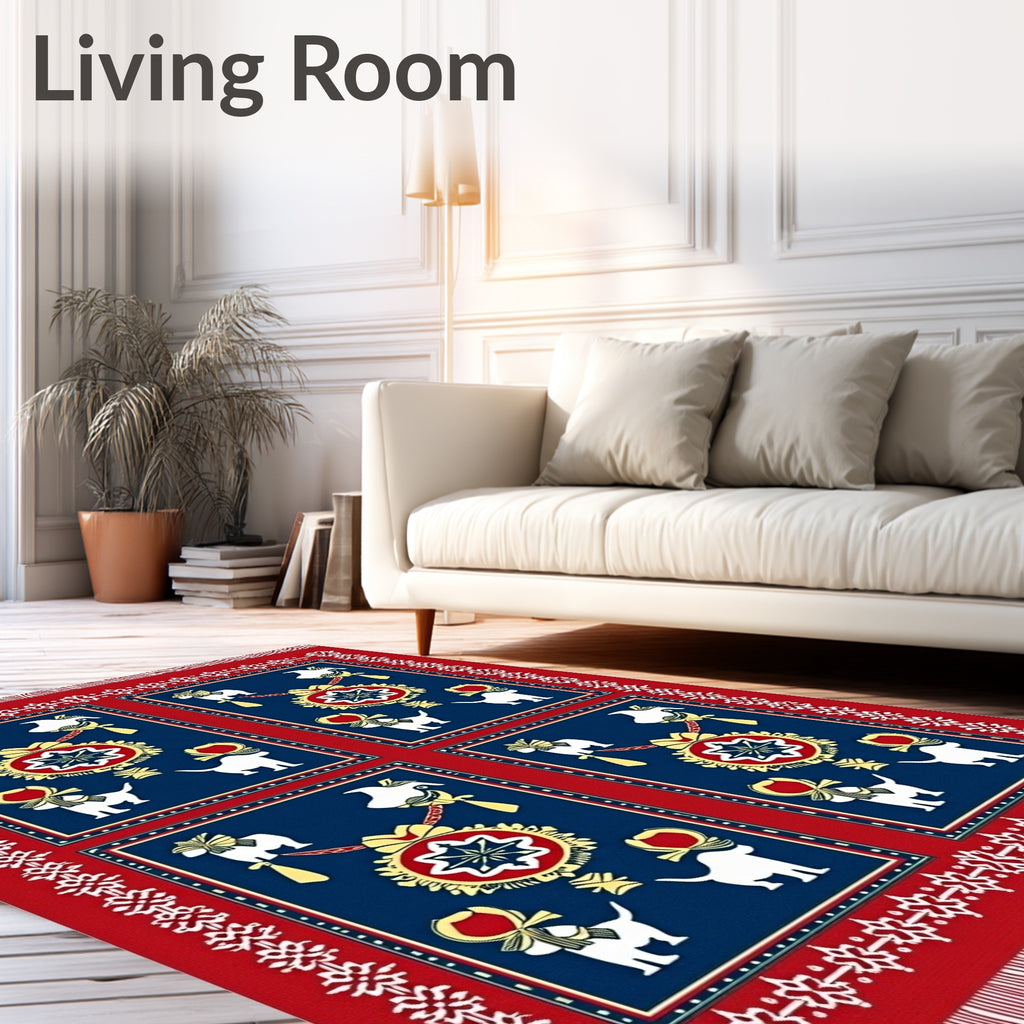 Red Blue White Dog Bird Medallion Rug
