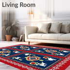 Red Blue White Dog Bird Medallion Rug