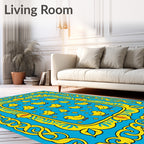 Bright Yellow Chickens Blue Floral Border Rug