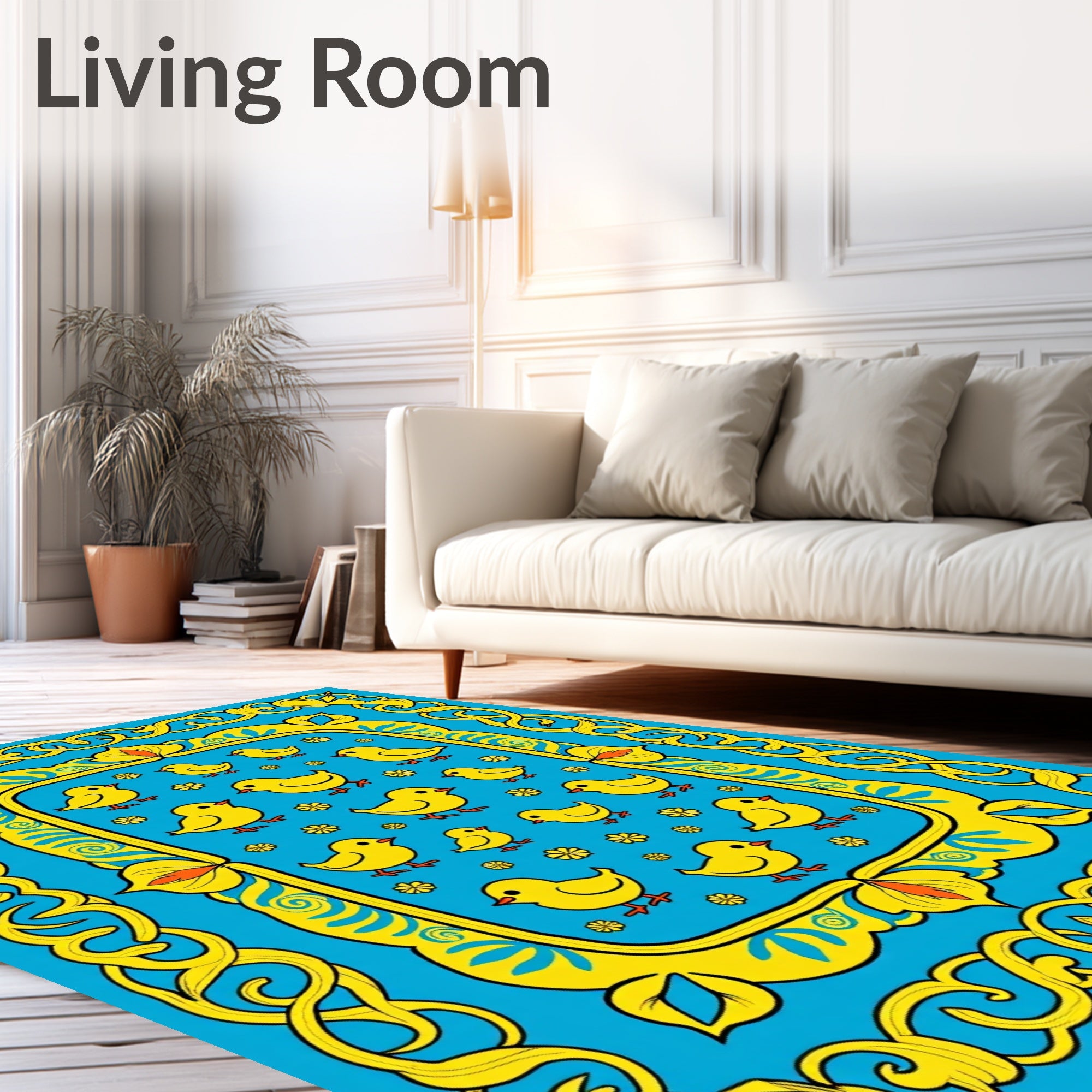 Bright Yellow Chickens Blue Floral Border Rug