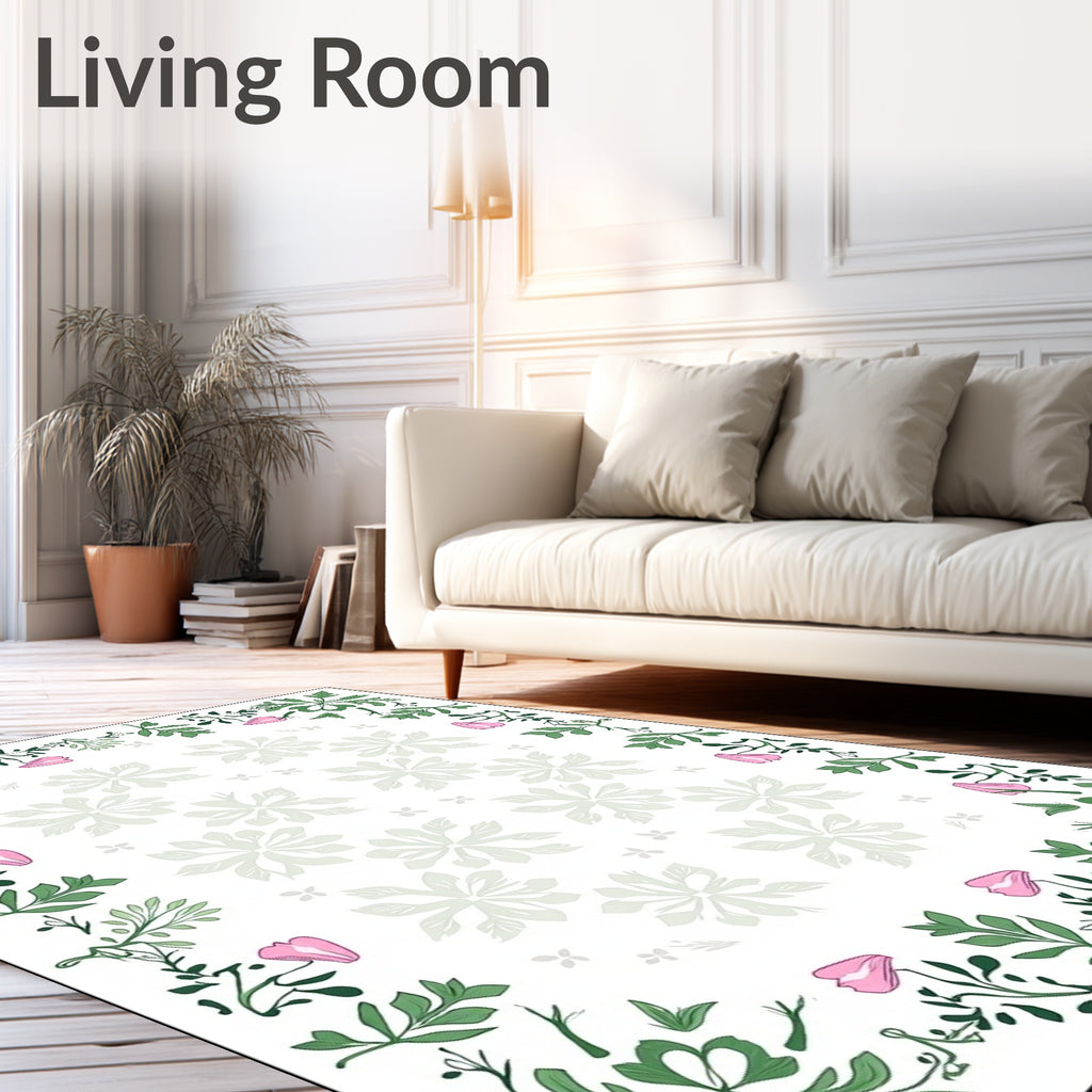 Green Pink Floral Vine Border Rug