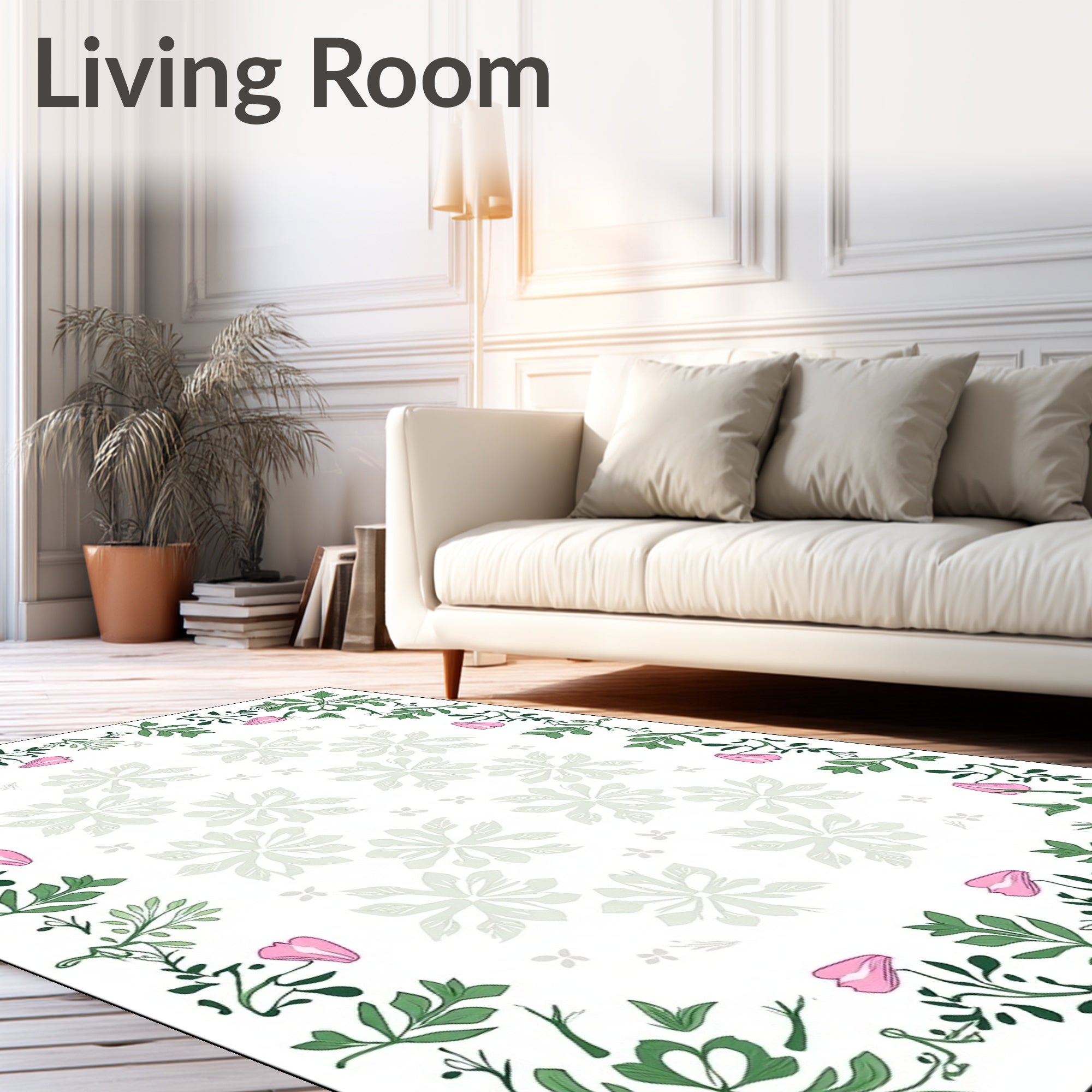 Green Pink Floral Vine Border Rug