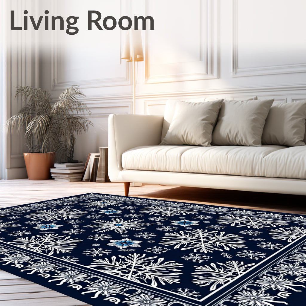 Navy Blue Snowflake Winter Wonderland Rug