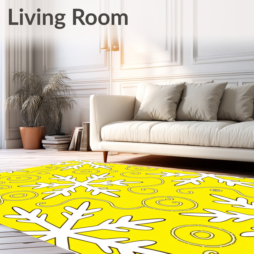 Yellow White Snowflakes Swirls Rug