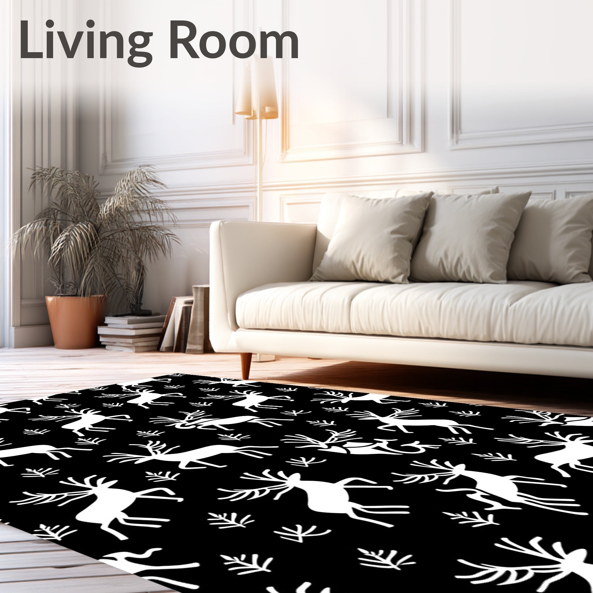 Black White Woodland Reindeer Antler Scene Rug