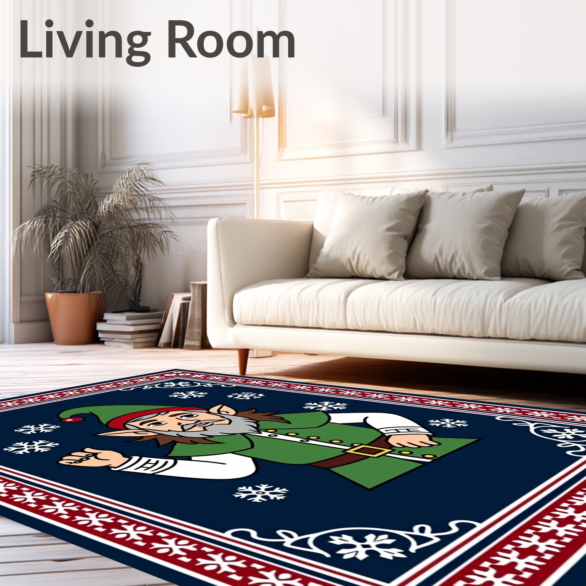 Festive Elf Snowflakes Blue Border Rug