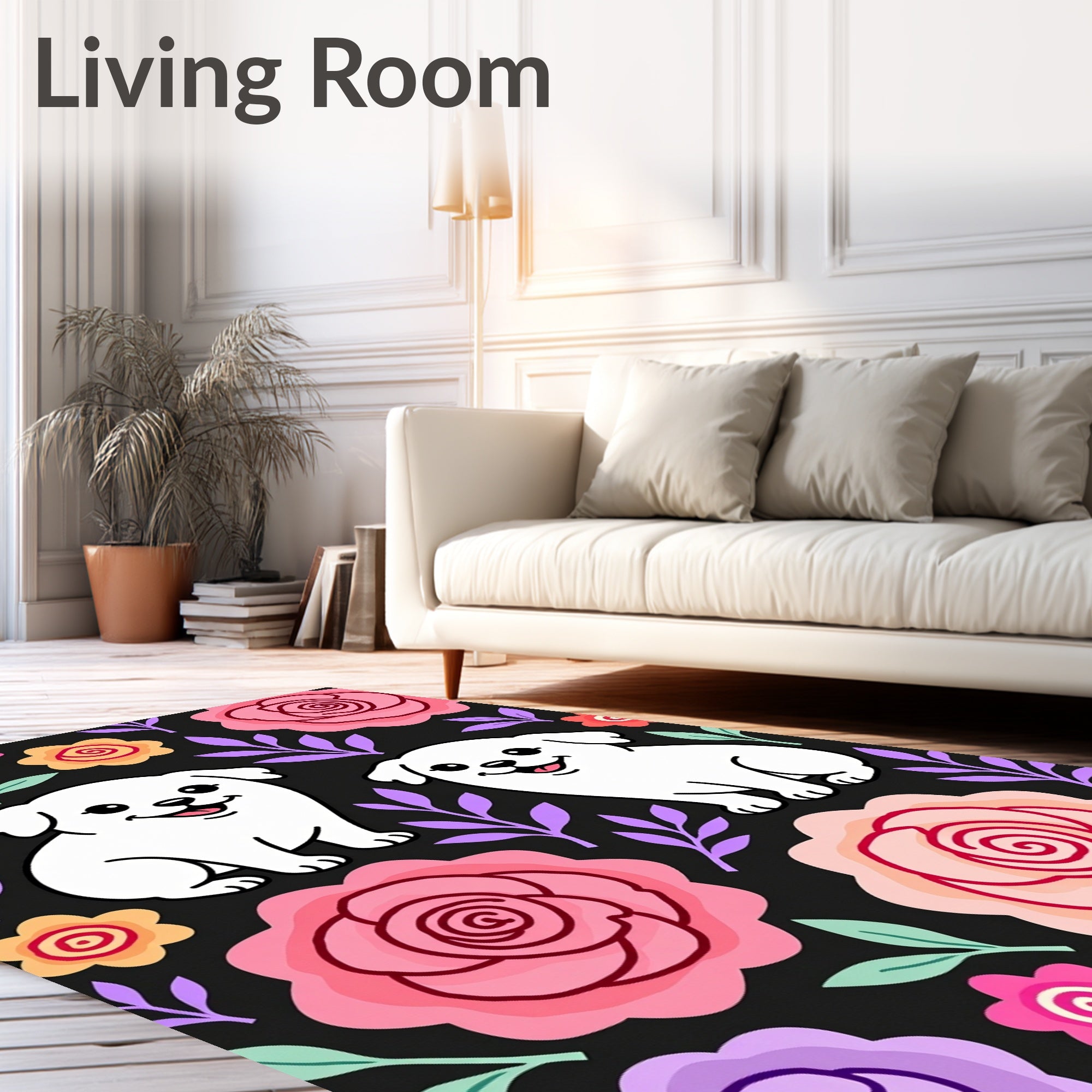 Playful White Pups Floral Garden Rug