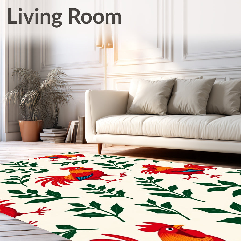 Red Roosters Green Leafy Branches Rug