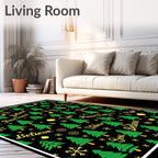 Green Christmas Trees Golden Snowflakes Rug