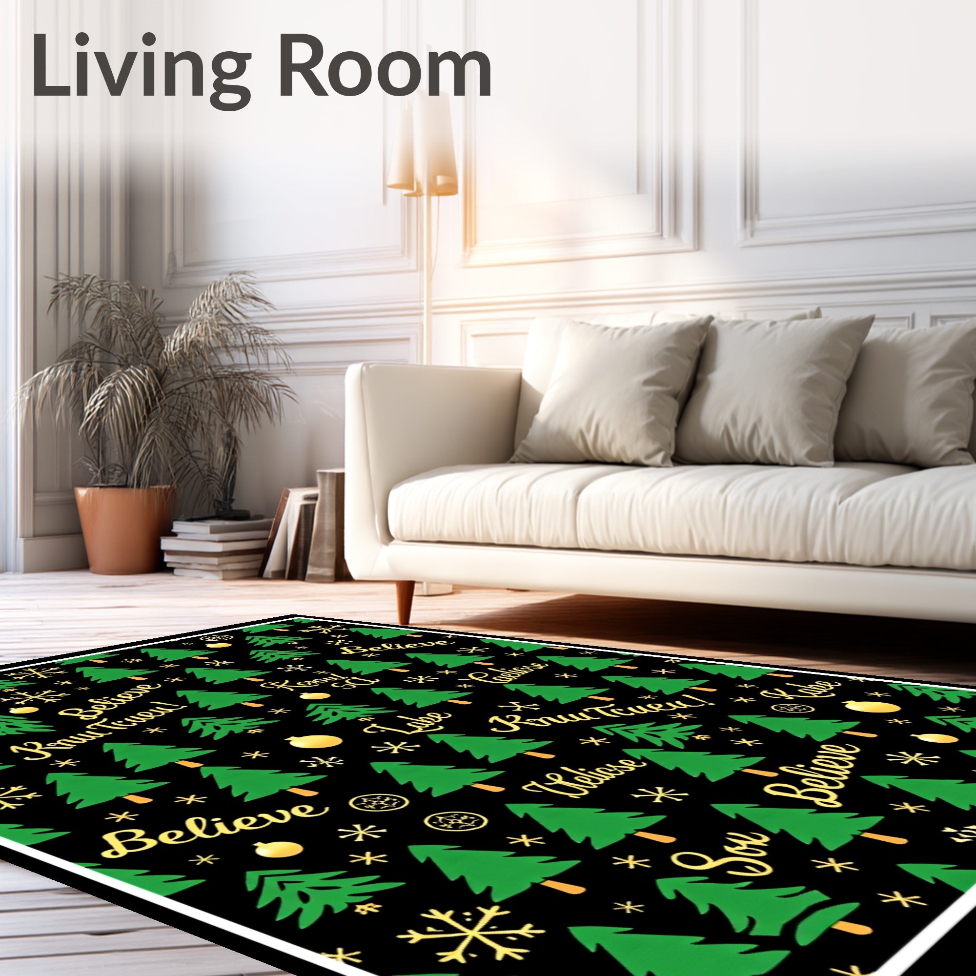 Green Christmas Trees Golden Snowflakes Rug