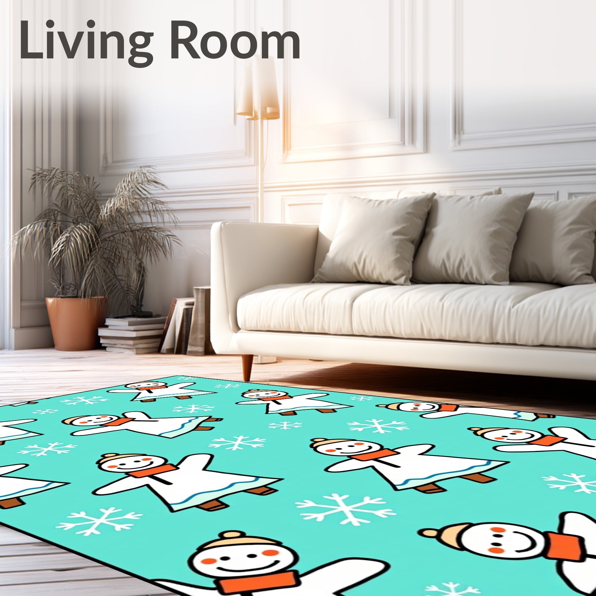 Whimsical Snowman Orange Scarf Snowflakes Rug