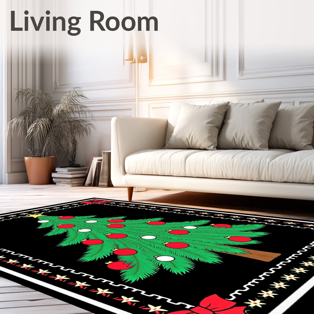Festive Green Christmas Tree Red Orbs Rug
