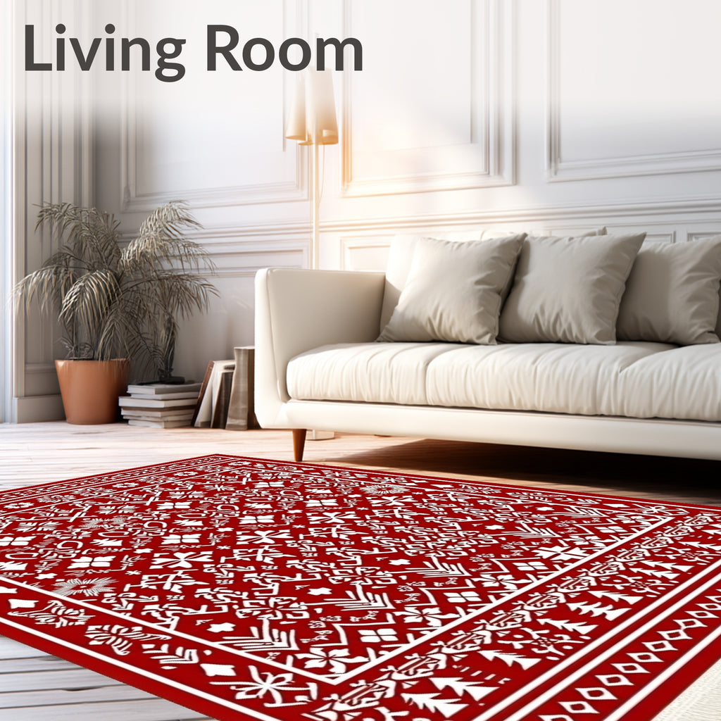 Bold Red Nordic Folk Art Rug