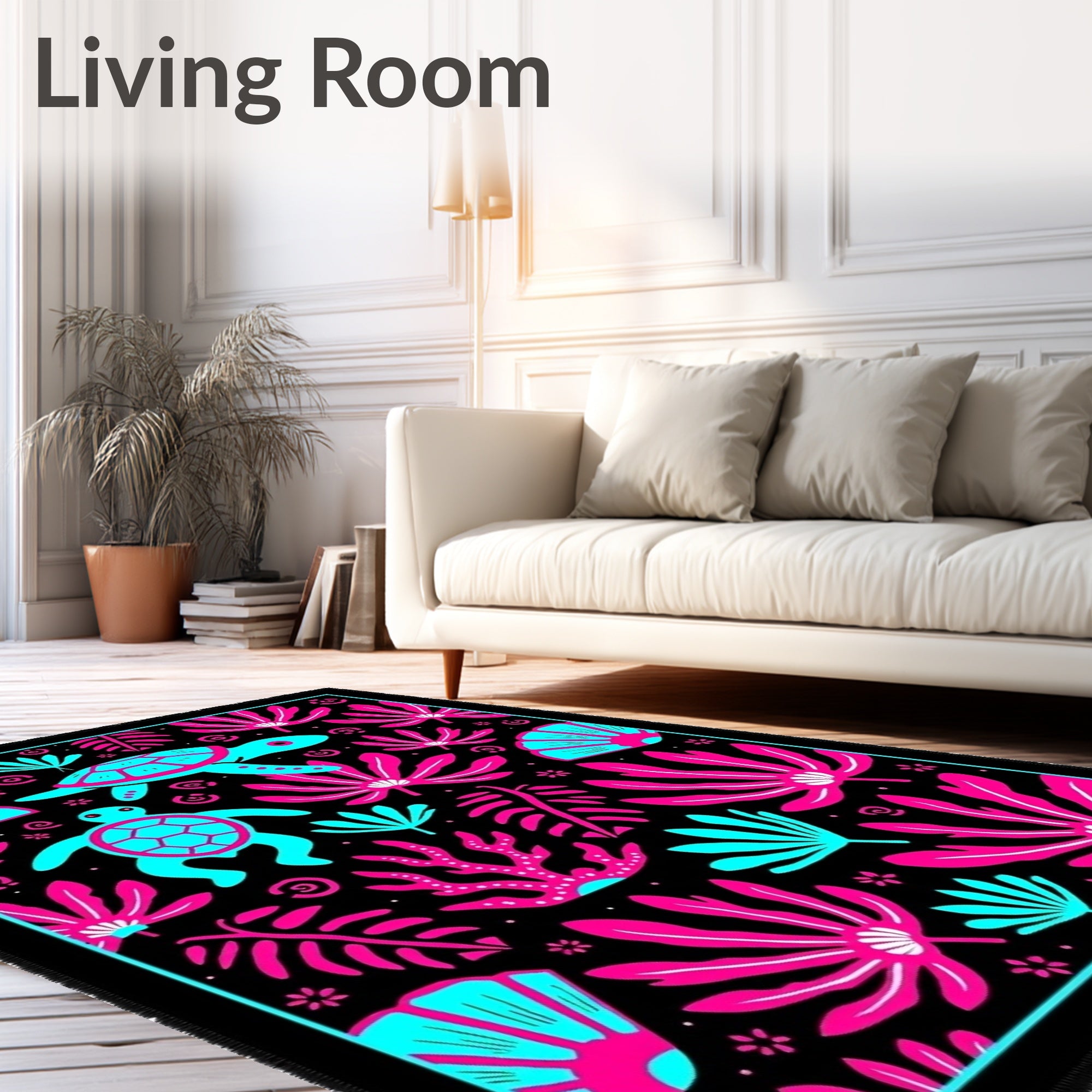 Tropical Ocean Turtle Coral Black Rug