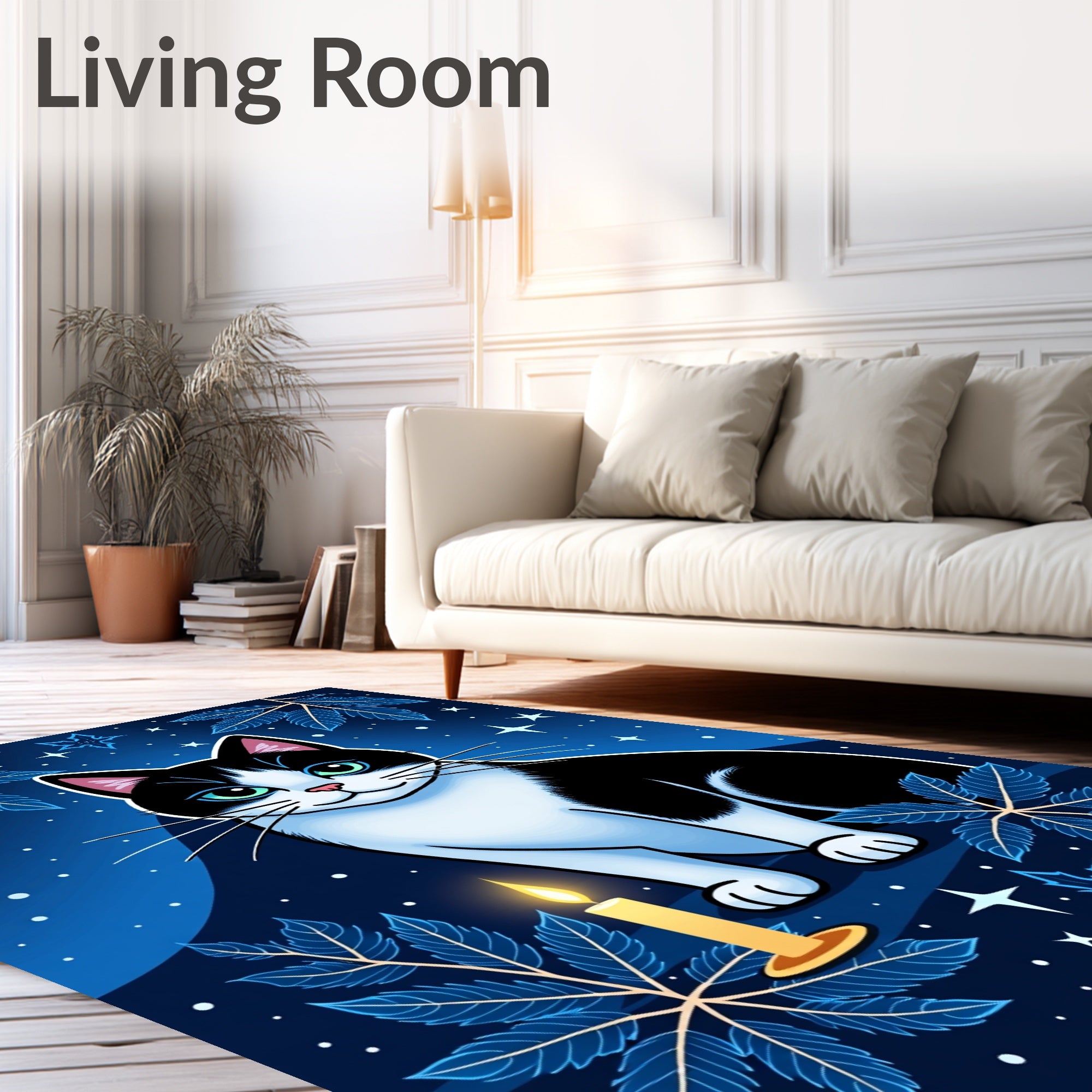 Mystical Black White Cat Candle Stars Rug