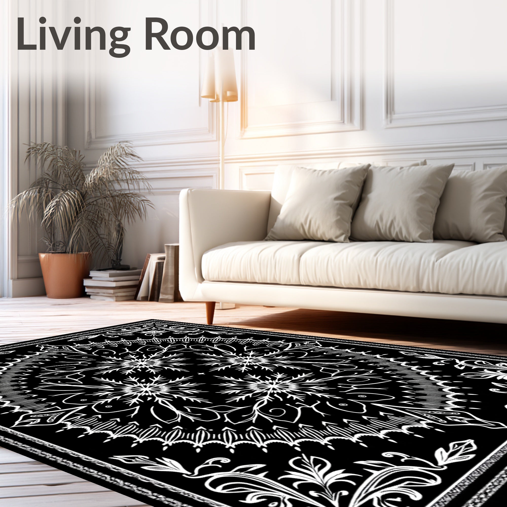 Black White Floral Snowflake Mandala Rug