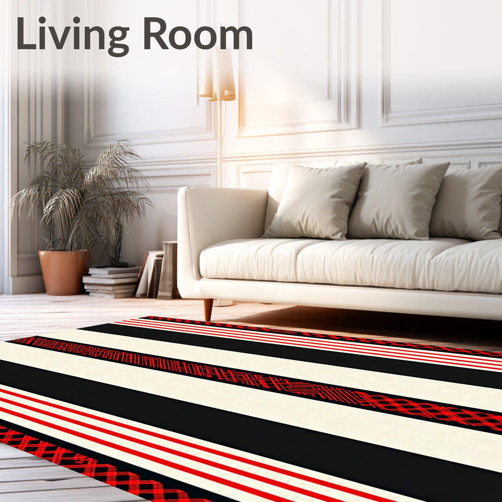 Red Black Cream Striped Lattice Rug